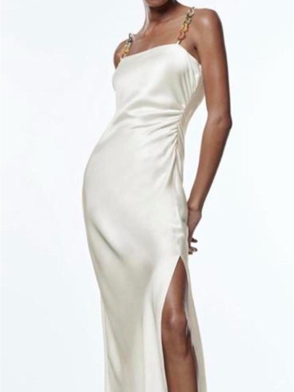 Zara Ivory Satin Maxi Dress with Chain-Link Straps